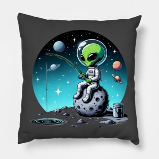 Cosmic fishing - Green alien Pillow