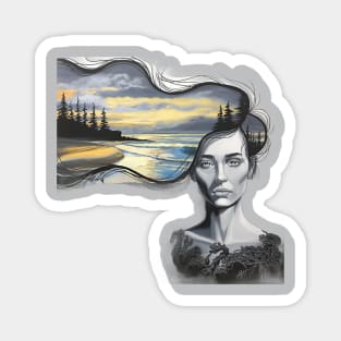 Grey Block and Hair Flowing Into Dark Clouds Above a Tranquil Scene Magnet