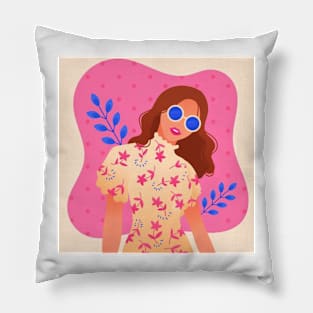 Girl with Wavy Hair and Glasses Pillow