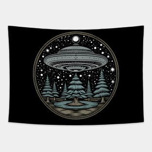 Vintage alien saucer over the forest Tapestry