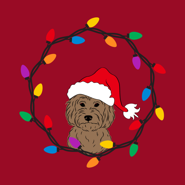 Goldendoodle with Santa Hat and Christmas Lights by Seasonal Dogs