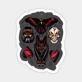 old school moth, bat, skulls and heart tattoo flash shirt Magnet