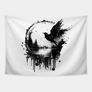 Monochrome Mystique: Ink Splatter Raven in Round Shadow Box Tapestry