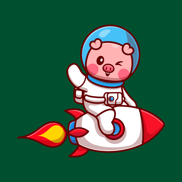 Cut Pig Astronaut Riding Rocket And Waving Hand Cartoon by Catalyst Labs