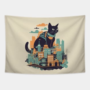 Black cat sitting in front of a colourful city Tapestry