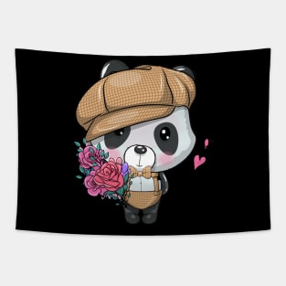 cute cartoon panda with cap and flowers illustration Tapestry