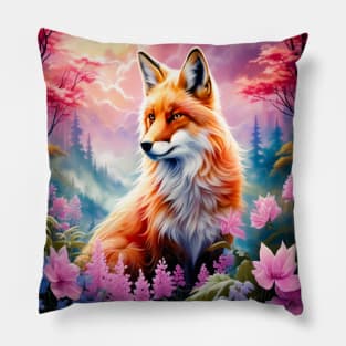 Red Fox with Flowers and Forests Pillow