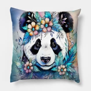 Fantasy, Watercolor, Panda Bear With Flowers and Butterflies Pillow