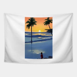 Summer Sunset Kid Palm Tree Beach Ocean Tapestry