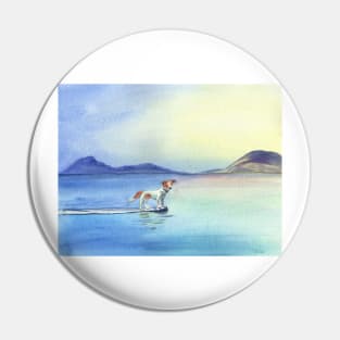 Dog on Surfboard Watercolor Painting Pin