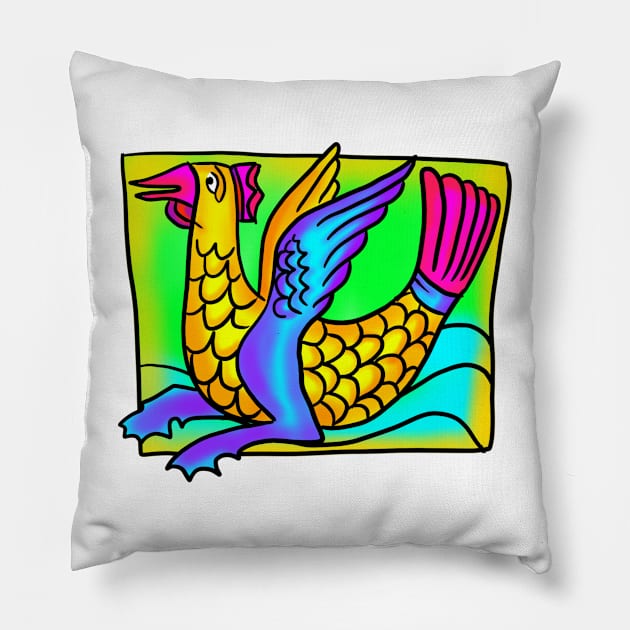 Garish Chicken Mermaid Medieval Fish Thing 90's Retro Frank Style Monster Pillow by JamieWetzel