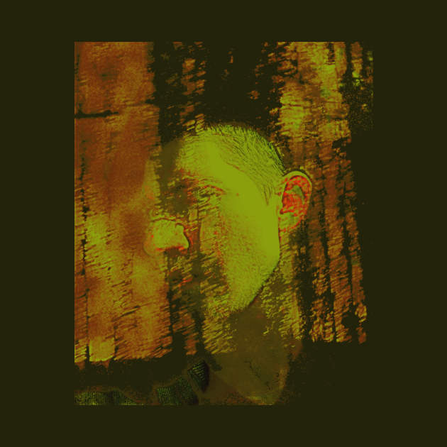 Portrait, digital collage and special processing. Masterpiece. Man looking to car window, reflection. Autumn. Dim, yellow, orange. by 234TeeUser234