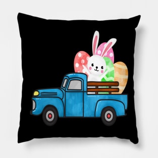 Easter Rabbit Eggs Blue Truck Pillow