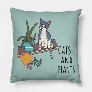 Cat on a shelf with plants Pillow