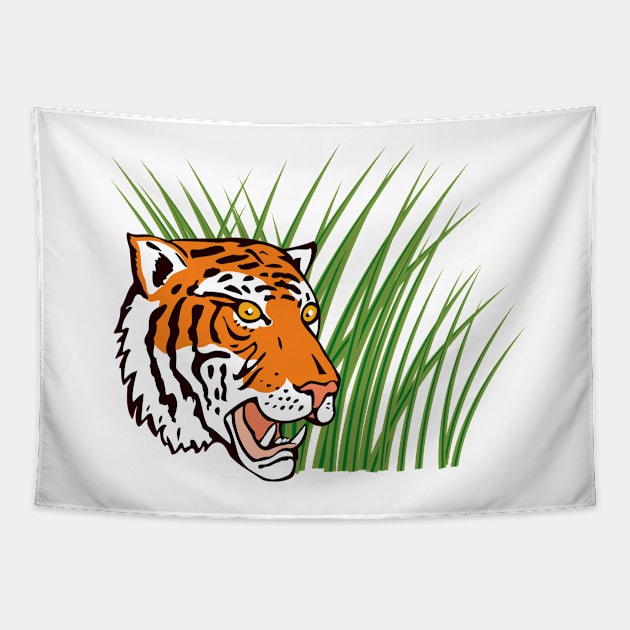 Tiger Hiding in Grass Retro Tapestry by retrovectors