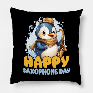 Happy Saxophone Day - Cute Penugin Pillow