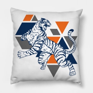 Retro 80s Orange and Navy Tiger on the Attack // Vintage Geometric Shapes Background Pillow