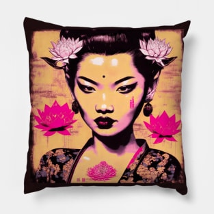 [AI Art] Nonexistent Asian woman with lotus flowers in the spirit of the works of Herman Brood Pillow