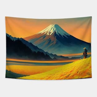 Journey To Mount Fuji - Samurai and Yellow Wildflower Tapestry