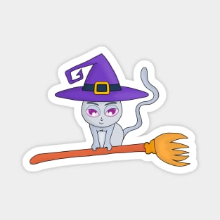 Witch Cat Flying on a Broom Magnet