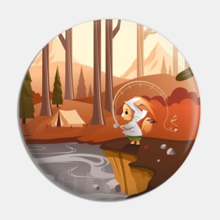 Cartoon illustration of a cute funny fox cub on a fishing trip Pin