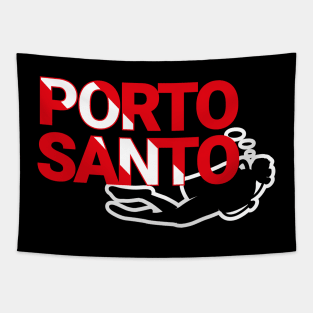 The word Porto Santo filled with the diving flag colours and a scuba diver Tapestry