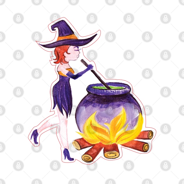 Halloween Witch stirring potion in Gouache by holidaystore