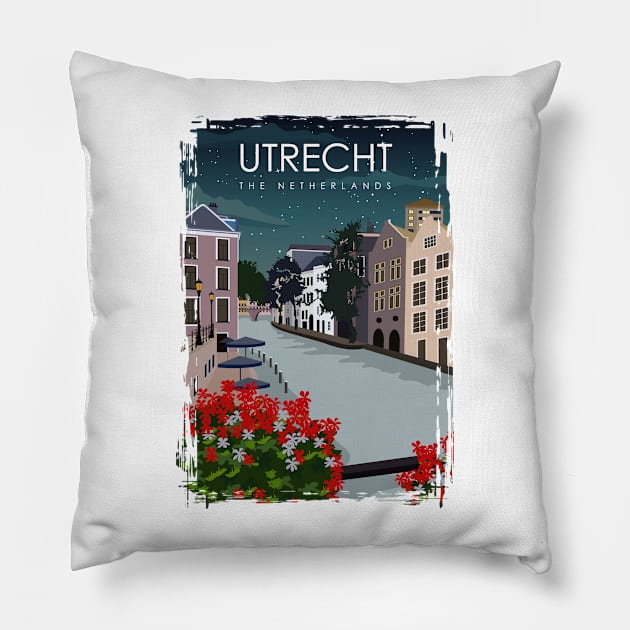 Utrecht The Netherlands Vintage Minimal Retro Travel Poster at Night Pillow by jornvanhezik