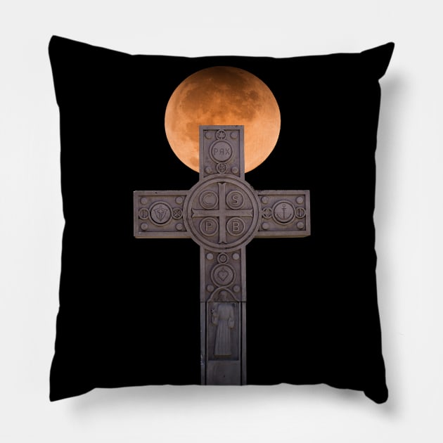Benedictine Cross in Night Sky Pillow by LarryNaderPhoto