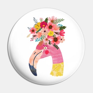 Cute Flamingo in pink and yellow with flowers on head Pin