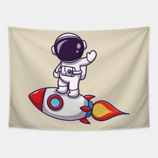 Astronaut Standing On Rocket Cartoon Tapestry