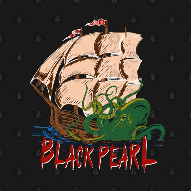 Black Pearl The Pirate Ship with Giant Kraken Sea Monster Vintage by Andrew Collins