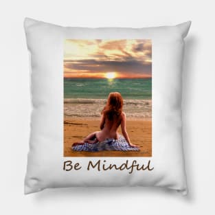 Woman girl seated on beach looking at sunset zen yoga buddhism Pillow