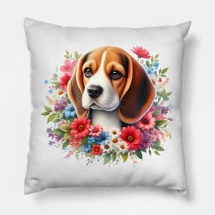 A beagle with beautiful colorful flowers Pillow