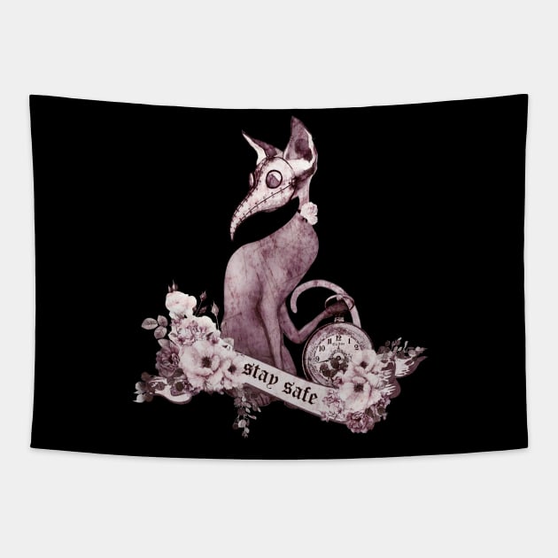 Cat Doctor Say  "stay safe" vintage style purple Tapestry by Collagedream