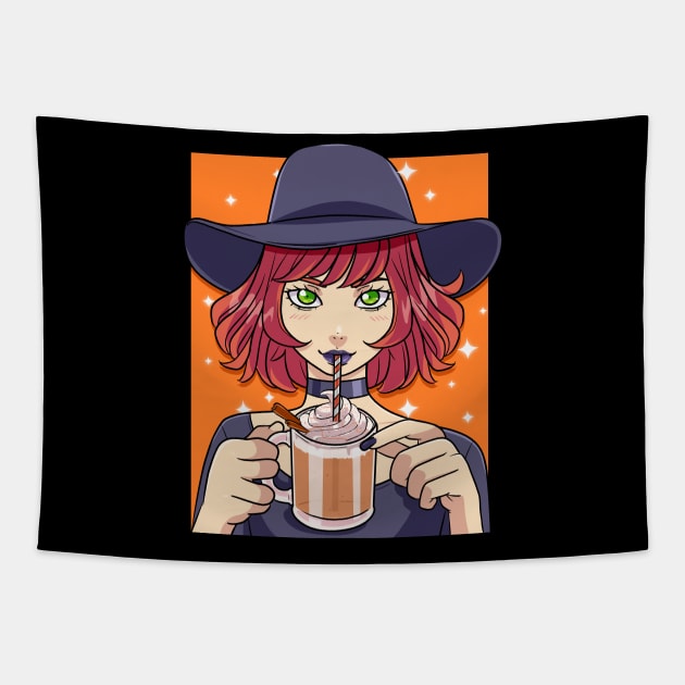 Pumpkin Spice Latte Witch Halloween Coffee Lover Tapestry by Noseking