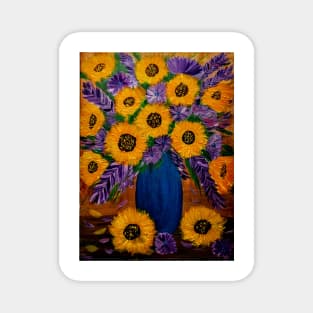 Sunflowers and mixed purple and pink flowers.  I'm a metallic blue gold and bronze and turquoise vase. Magnet