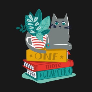 One more chapter // spot // black background grey cat striped mug with plants orange teal and yellow books with quote T-Shirt