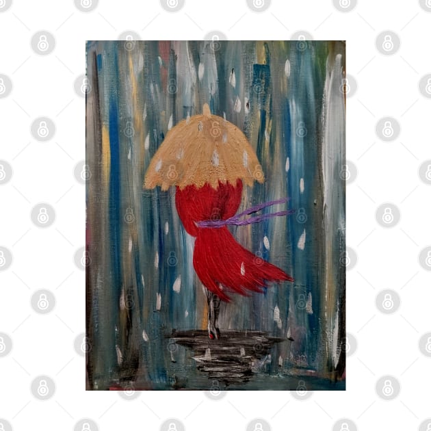 Lady walking in rain with her red button heals . by kkartwork