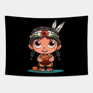 Funny Thanksgiving Native American Girl Pumpkin Turkey Tapestry