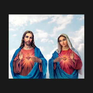 Sacred and Immaculate Hearts (Jesus and Mary) with sky background T-Shirt