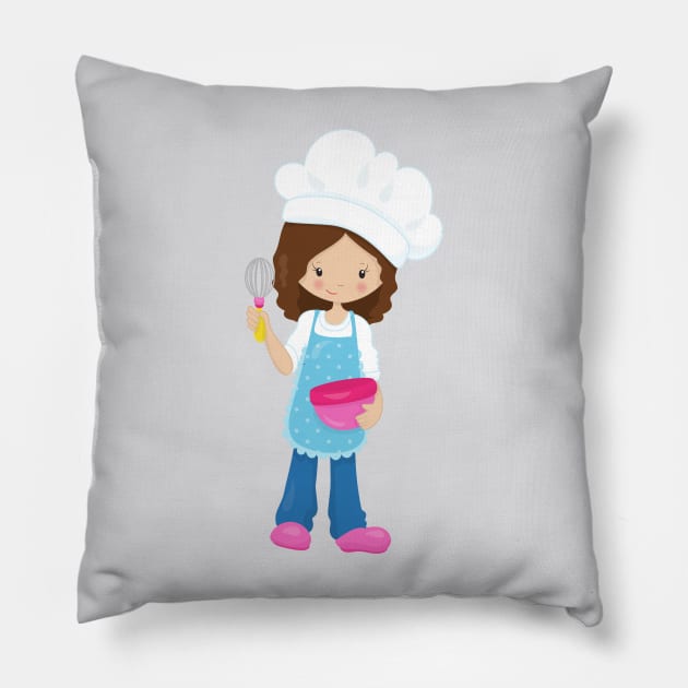 Baking, Baker, Pastry Chef, Cute Girl, Brown Hair Pillow by Jelena Dunčević