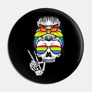 Gay Pride Messy Bun Skull  Flag Lgbt Women Girls Kids Pin