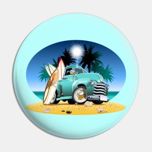 Cartoon retro pickup on beach Pin