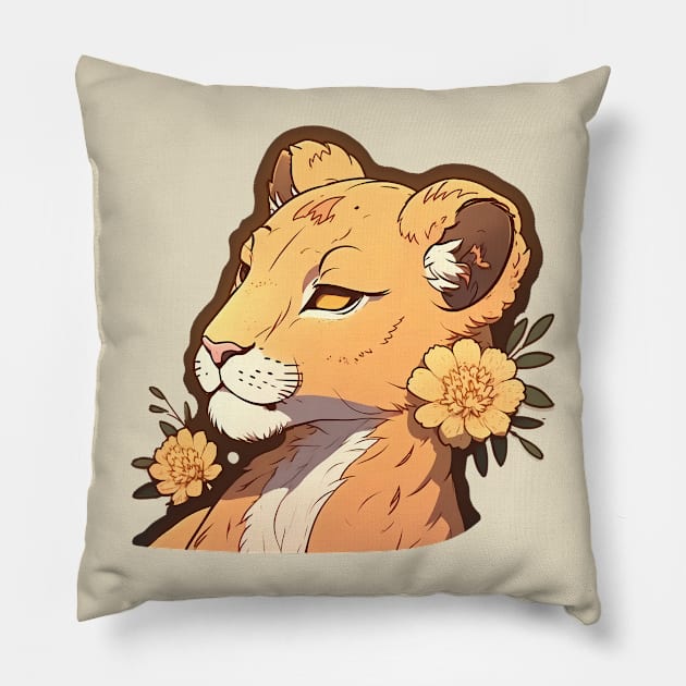 Beauty lioness with yellow flowers Pillow by Cute Planet Earth Mini