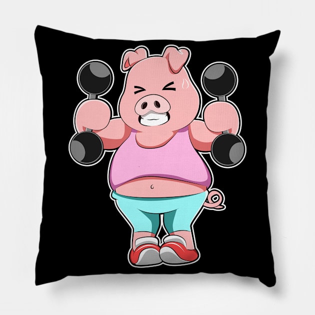 Pig at Bodybuilding with Dumbbells Pillow by Markus Schnabel