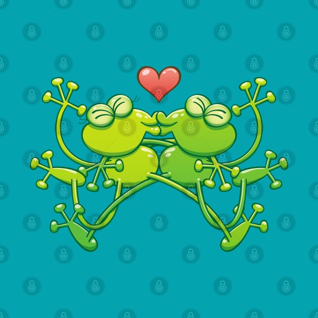 Couple of funny green frogs in love kissing passionately by zooco