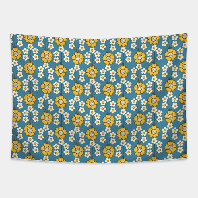 Pretty Dense Yellow and Blue Flowers Tapestry by Farissa