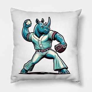 Throwback rhino pitcher - Vintage 1990s Cartoon Style Baseball Art Pillow