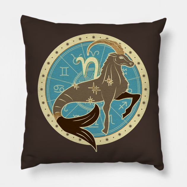 Vintage Capricorn Zodiac Art Pillow by Nartissima